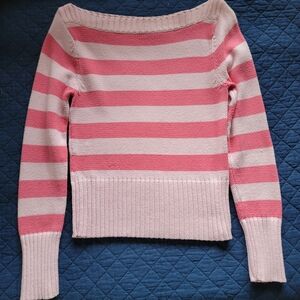 Halogen Off-the-Shoulder Sweater in Pink and Cream Stripes